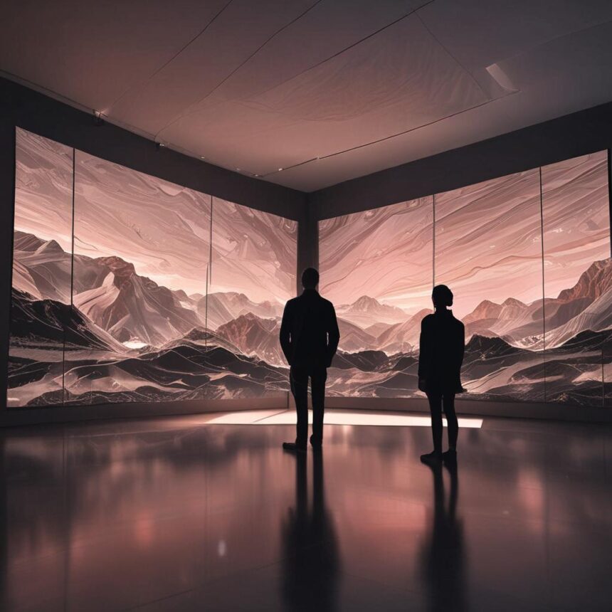 To personer står i et moderne galleri og kigger på store digitale skærme, der viser abstrakte bjerglandskaber i bløde lyserøde og beige nuancer. Deres spejlbilleder kan ses på det polerede gulv. - Kunstig intelligens AI