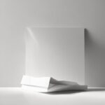 Et tomt, hvidt, firkantet lærred står oprejst, med et krøllet stykke hvidt papir eller en konvolut placeret foran det, alt sammen på en minimalistisk, lysegrå baggrund. - Kunstig intelligens AI