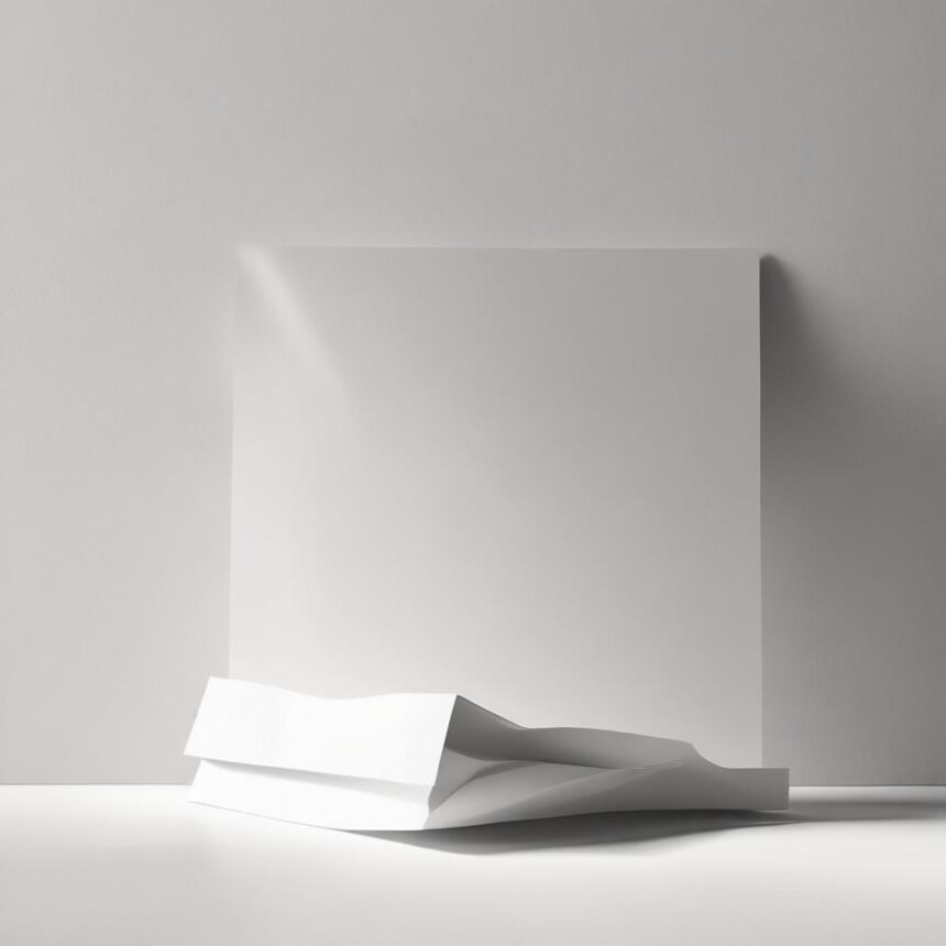 Et tomt, hvidt, firkantet lærred står oprejst, med et krøllet stykke hvidt papir eller en konvolut placeret foran det, alt sammen på en minimalistisk, lysegrå baggrund. - Kunstig intelligens AI