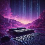 Et surrealistisk landskab med lysende tastaturer og en mus på en spejlende overflade, lilla træer, bjerge og lysstråler, der falder ned fra en stjernehimmel ved solnedgang. - Kunstig intelligens AI