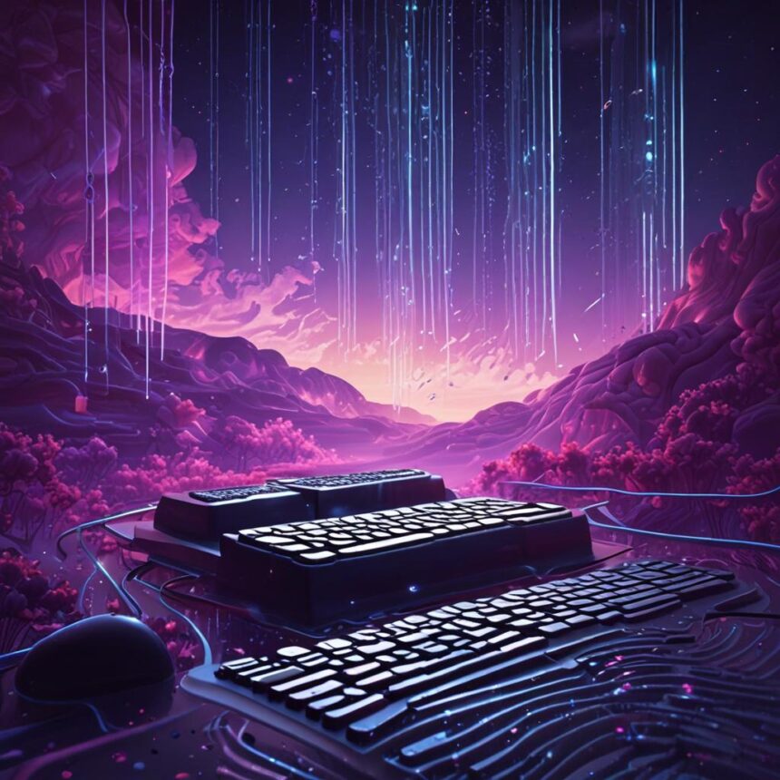 Et surrealistisk landskab med lysende tastaturer og en mus på en spejlende overflade, lilla træer, bjerge og lysstråler, der falder ned fra en stjernehimmel ved solnedgang. - Kunstig intelligens AI