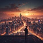 En person står på en høj afsats med udsigt over et futuristisk bybillede ved solnedgang, med høje skyskrabere, lysende lamper og snoede veje, der strækker sig mod horisonten. - Kunstig intelligens AI