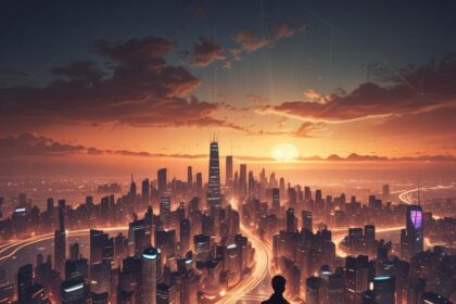 En person står på en høj afsats med udsigt over et futuristisk bybillede ved solnedgang, med høje skyskrabere, lysende lamper og snoede veje, der strækker sig mod horisonten. - Kunstig intelligens AI