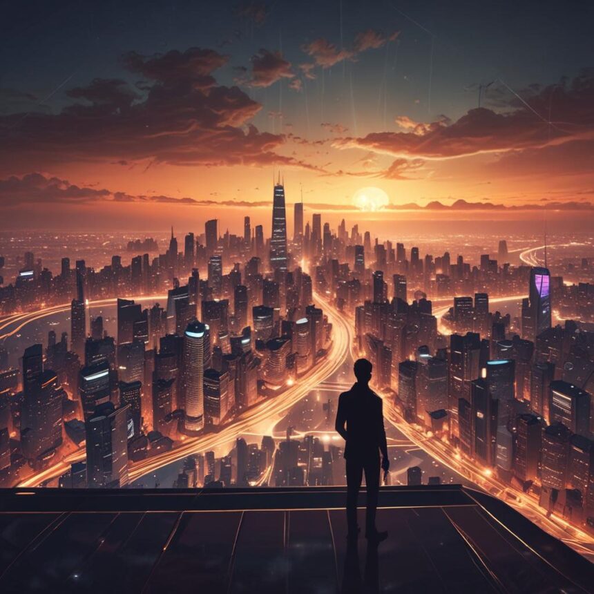 En person står på en høj afsats med udsigt over et futuristisk bybillede ved solnedgang, med høje skyskrabere, lysende lamper og snoede veje, der strækker sig mod horisonten. - Kunstig intelligens AI