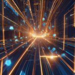 En futuristisk digital tunnel med lysende orange og blå linjer og svævende geometriske former, der skaber en fornemmelse af fart og dybde. - Kunstig intelligens AI