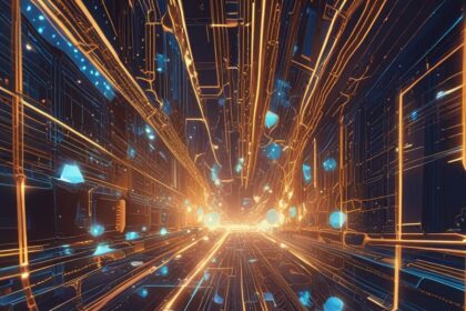 En futuristisk digital tunnel med lysende orange og blå linjer og svævende geometriske former, der skaber en fornemmelse af fart og dybde. - Kunstig intelligens AI
