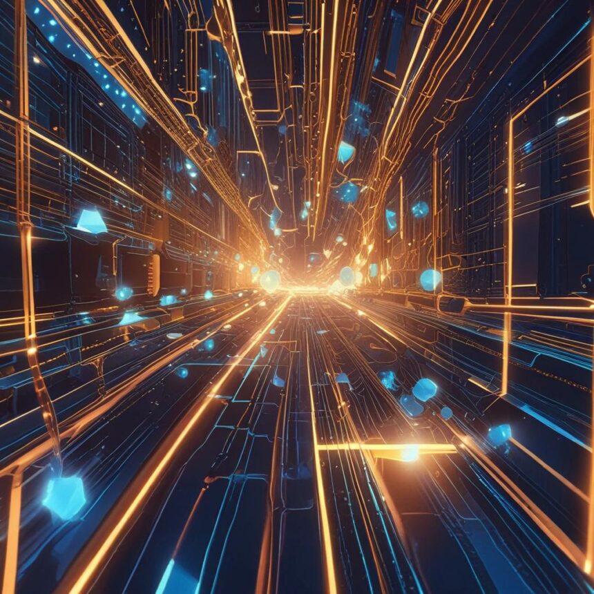 En futuristisk digital tunnel med lysende orange og blå linjer og svævende geometriske former, der skaber en fornemmelse af fart og dybde. - Kunstig intelligens AI