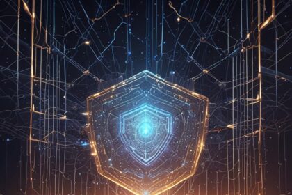 I midten ses et lysende digitalt skjold, omgivet af kredsløb og lys, som symboliserer cybersikkerhed og avanceret teknologisk beskyttelse. - Kunstig intelligens AI