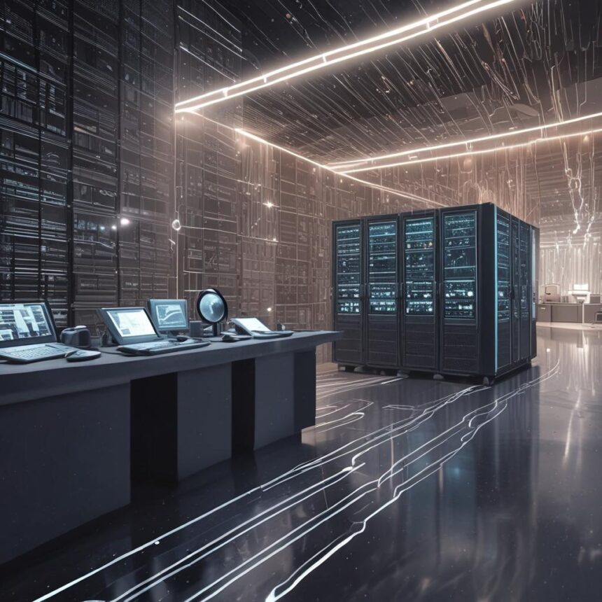 Et moderne serverrum med lysende lamper, adskillige serverreoler og et skrivebord med flere computerskærme og udstyr. Rummet har et elegant, højteknologisk design og skinnende, reflekterende gulve. - Kunstig intelligens AI