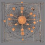 Abstrakt illustration af orange knudepunkter og linjer, der udgår fra en central cirkel og danner et geometrisk, kredsløbslignende mønster på en grå baggrund. Koncentriske cirkler og tekniske detaljer antyder et digitalt eller teknologisk tema. - Kunstig intelligens AI
