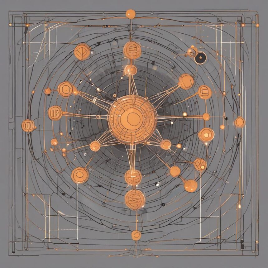 Abstrakt illustration af orange knudepunkter og linjer, der udgår fra en central cirkel og danner et geometrisk, kredsløbslignende mønster på en grå baggrund. Koncentriske cirkler og tekniske detaljer antyder et digitalt eller teknologisk tema. - Kunstig intelligens AI