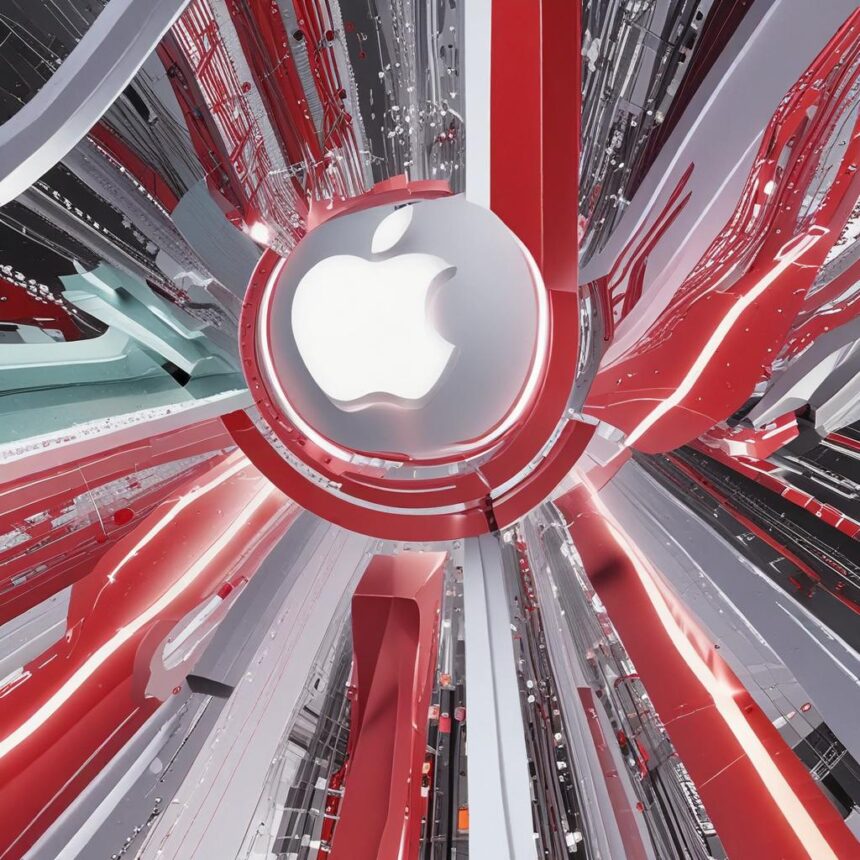 Et 3D-renderet Apple-logo er placeret midt i en sammensætning af dynamiske, abstrakte linjer og geometriske former i rødt, hvidt og gråt, hvilket skaber en futuristisk og energisk visuel effekt. - Kunstig intelligens AI