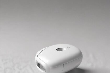 En lille, hvid, oval elektronisk enhed med et digitalt display, der ligger på en lys, struktureret overflade. - Kunstig intelligens AI