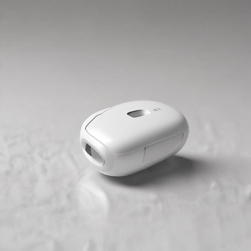 En lille, hvid, oval elektronisk enhed med et digitalt display, der ligger på en lys, struktureret overflade. - Kunstig intelligens AI