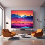 En moderne stue med orange stole, et lavt hvidt sofabord og et stort tv, der viser et farverigt bjerglandskab. Sollyset strømmer ind gennem de store vinduer, og indretningen er minimalistisk og stilfuld. - Kunstig intelligens AI
