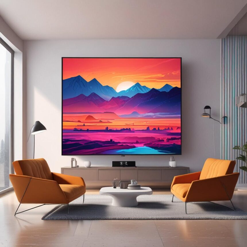 En moderne stue med orange stole, et lavt hvidt sofabord og et stort tv, der viser et farverigt bjerglandskab. Sollyset strømmer ind gennem de store vinduer, og indretningen er minimalistisk og stilfuld. - Kunstig intelligens AI