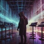 En person i en frakke med hætte står i et futuristisk rum med lysende digitale linjer og adskillige synthesizere på stativer, hvilket skaber en cyberpunk-stemning. - Kunstig intelligens AI