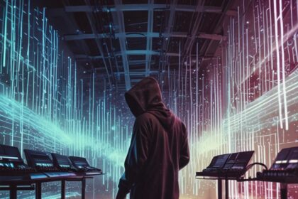 En person i en frakke med hætte står i et futuristisk rum med lysende digitale linjer og adskillige synthesizere på stativer, hvilket skaber en cyberpunk-stemning. - Kunstig intelligens AI