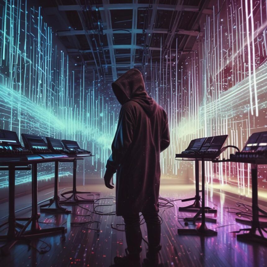 En person i en frakke med hætte står i et futuristisk rum med lysende digitale linjer og adskillige synthesizere på stativer, hvilket skaber en cyberpunk-stemning. - Kunstig intelligens AI