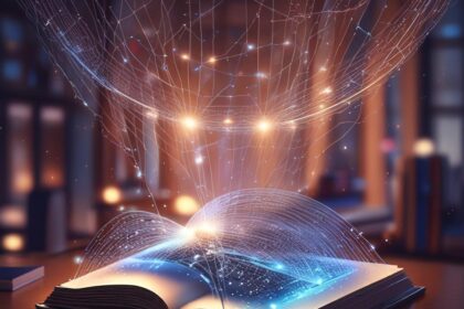 En åben bog på et skrivebord udstråler et glødende, magisk lys og digitale, sammenhængende linjer, hvilket antyder en sammensmeltning af viden, teknologi og fantasi. I baggrunden ses slørede bogreoler, der skaber en varm, biblioteksagtig atmosfære. - Kunstig intelligens AI