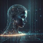 Et futuristisk digitalt menneskehoved med lysende kredsløb og linjer, der symboliserer kunstig intelligens, på en mørk baggrund med svævende blå lysmønstre og netværksforbindelser. - Kunstig intelligens AI