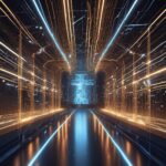 En futuristisk gang med lysende blå og orange lys, der ligner kredsløb, fører hen til en digital menneskeskikkelse for enden og skaber en højteknologisk sci-fi-stemning. - Kunstig intelligens AI