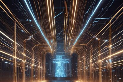 En futuristisk gang med lysende blå og orange lys, der ligner kredsløb, fører hen til en digital menneskeskikkelse for enden og skaber en højteknologisk sci-fi-stemning. - Kunstig intelligens AI