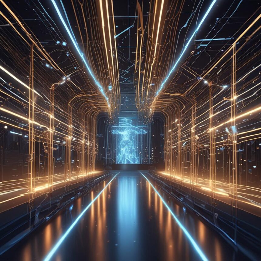En futuristisk gang med lysende blå og orange lys, der ligner kredsløb, fører hen til en digital menneskeskikkelse for enden og skaber en højteknologisk sci-fi-stemning. - Kunstig intelligens AI