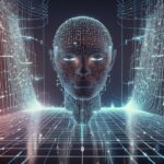 Et lysende digitalt menneskeansigt, der består af sammenkoblede knudepunkter og linjer, svæver over et gitter, omgivet af abstrakte, futuristiske lysmønstre og kredsløbslignende strukturer, der fremkalder associationer til avanceret kunstig intelligens-teknologi. - Kunstig intelligens AI