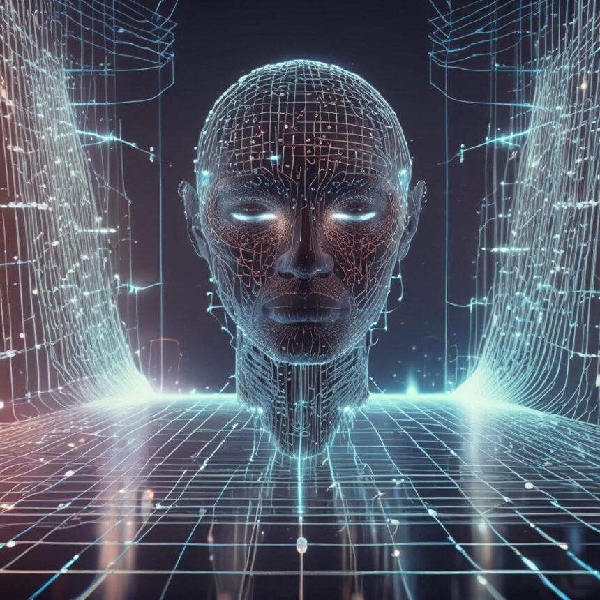 Et lysende digitalt menneskeansigt, der består af sammenkoblede knudepunkter og linjer, svæver over et gitter, omgivet af abstrakte, futuristiske lysmønstre og kredsløbslignende strukturer, der fremkalder associationer til avanceret kunstig intelligens-teknologi. - Kunstig intelligens AI