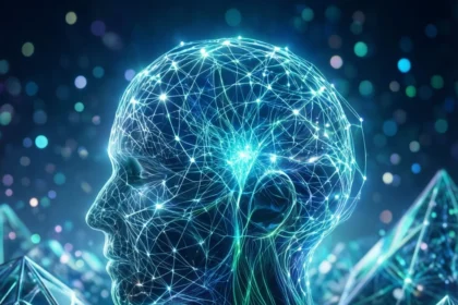 En digital menneskefigur med lysende linjer fra et neuralt netværk, omgivet af geometriske former og skinnende lys, der symboliserer kunstig intelligens og sammenkobling. - Kunstig intelligens AI