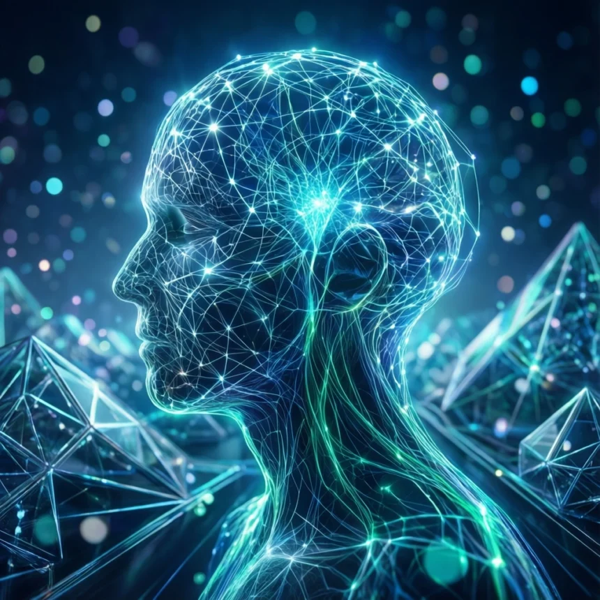 En digital menneskefigur med lysende linjer fra et neuralt netværk, omgivet af geometriske former og skinnende lys, der symboliserer kunstig intelligens og sammenkobling. - Kunstig intelligens AI
