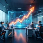 Et futuristisk kontor med mennesker ved deres skriveborde, store digitale skærme, der viser data, og en lysende pil, der peger opad og symboliserer økonomisk vækst eller forretningsmæssig succes. - Kunstig intelligens AI