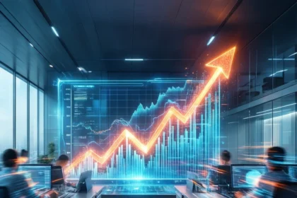 Et futuristisk kontor med mennesker ved deres skriveborde, store digitale skærme, der viser data, og en lysende pil, der peger opad og symboliserer økonomisk vækst eller forretningsmæssig succes. - Kunstig intelligens AI
