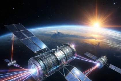 To store satellitter med solcellepaneler kredser om Jorden og udsender farverige lysstråler, når solen stiger op over horisonten, hvilket skaber et dramatisk rumscenarie. - Kunstig intelligens AI