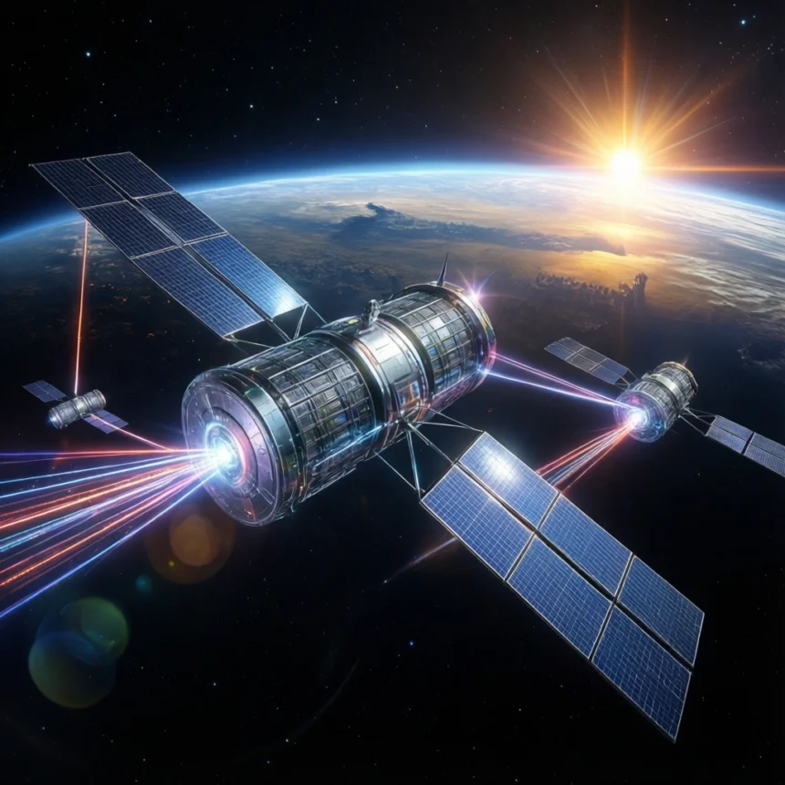 To store satellitter med solcellepaneler kredser om Jorden og udsender farverige lysstråler, når solen stiger op over horisonten, hvilket skaber et dramatisk rumscenarie. - Kunstig intelligens AI