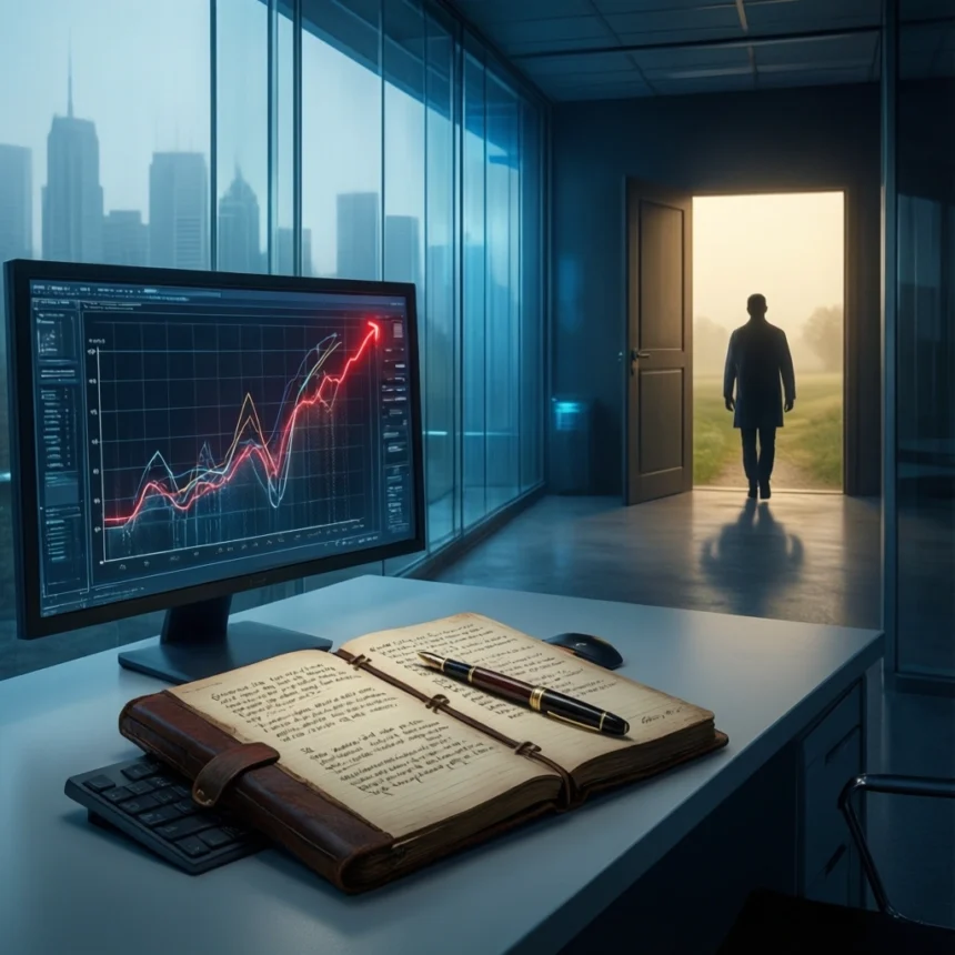 Et skrivebord med en skærm, der viser stigende aktiekurser, en åben notesbog og en pen. I baggrunden går en person ud ad en åben dør og ud i sollyset, mens byens skyline kan ses gennem glasvæggene. - Kunstig intelligens AI