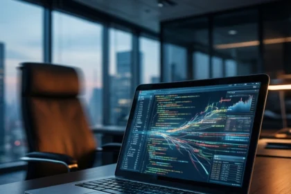En bærbar computer, der viser farverige diagrammer og kode, står på et mørkt skrivebord i et moderne kontor med glasvægge og udsigt over byen i skumringen. - Kunstig intelligens AI
