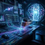 En kaffekop svæver over et futuristisk skrivebord med lysende datastrømme, flere skærme, der viser grafer og kode, og en cirkulær digital portal i baggrunden. - Kunstig intelligens AI