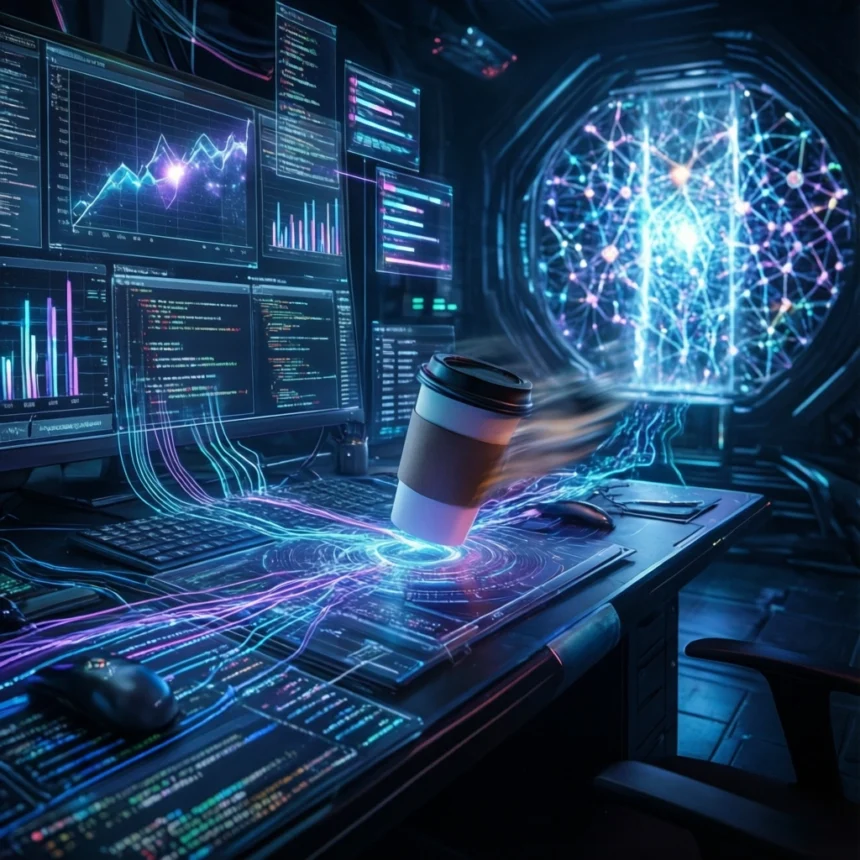 En kaffekop svæver over et futuristisk skrivebord med lysende datastrømme, flere skærme, der viser grafer og kode, og en cirkulær digital portal i baggrunden. - Kunstig intelligens AI