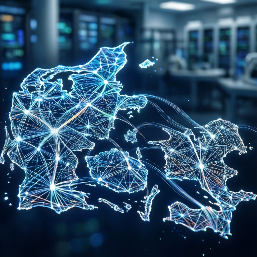 Et lysende digitalt kort over kontinenter, der er forbundet med klare netværkslinjer, på en sløret baggrund af servere i et datacenter, hvilket symboliserer global sammenkobling og teknologi. - Kunstig intelligens AI