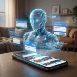 En holografisk robot interagerer med svævende digitale skærme, der viser rejse- og madmuligheder, placeret over en smartphone på et bord i en hyggelig stue. - Kunstig intelligens AI