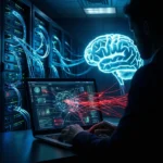 En person bruger en bærbar computer i et serverrum med grafik af digitale hjerner og datavisualiseringer, der symboliserer kunstig intelligens, databehandling og avanceret computerteknologi. - Kunstig intelligens AI