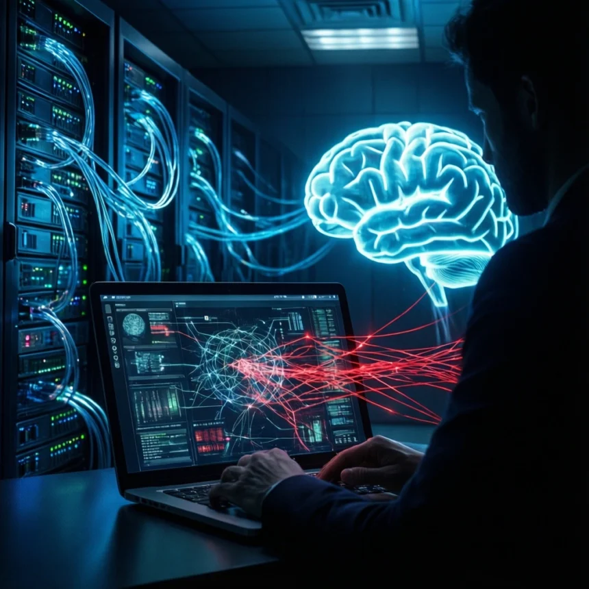En person bruger en bærbar computer i et serverrum med grafik af digitale hjerner og datavisualiseringer, der symboliserer kunstig intelligens, databehandling og avanceret computerteknologi. - Kunstig intelligens AI