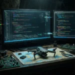 Et skrivebord med to skærme, der viser kode, en drone på et kort, printkort og elektronikværktøj, hvilket antyder drone-programmering eller hacking i et teknologifokuseret arbejdsmiljø. - Kunstig intelligens AI