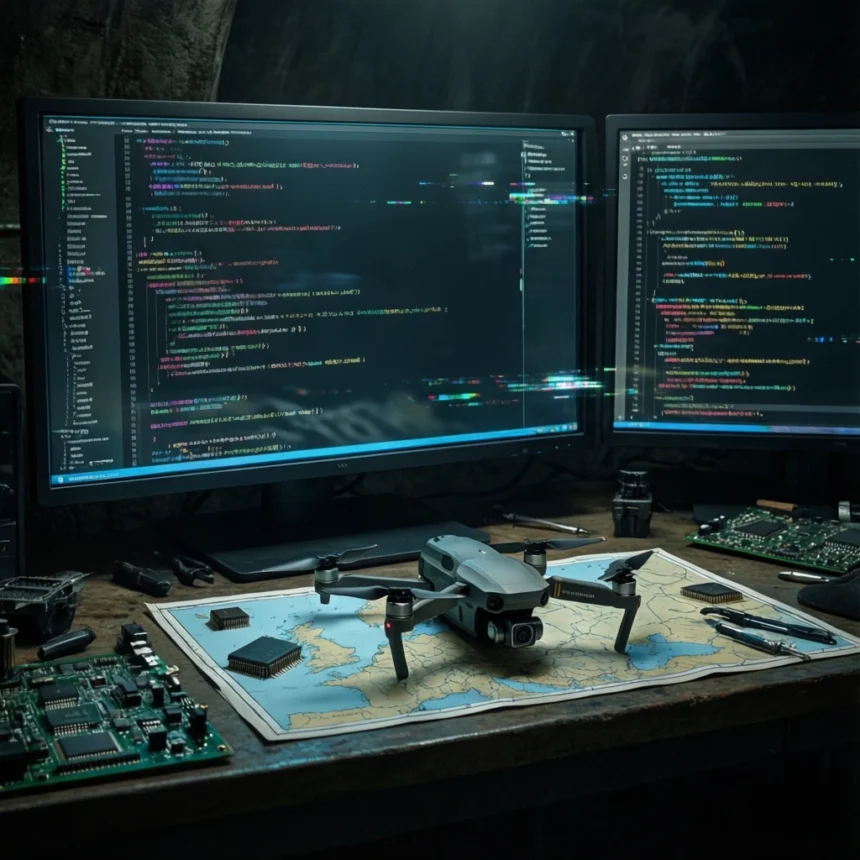 Et skrivebord med to skærme, der viser kode, en drone på et kort, printkort og elektronikværktøj, hvilket antyder drone-programmering eller hacking i et teknologifokuseret arbejdsmiljø. - Kunstig intelligens AI