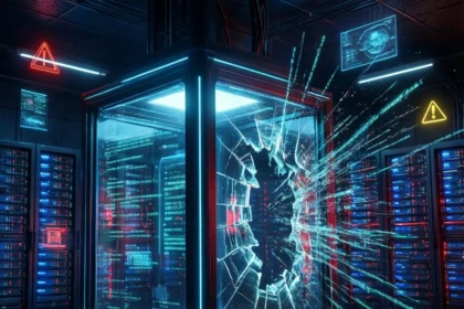 Et serverkabinet af glas med et stort, takket hul. Neonlys, advarselsskilte og serverreoler omgiver det og skaber en fornemmelse af et cyberangreb eller et alvorligt sikkerhedsbrud i et højteknologisk datacenter. - Kunstig intelligens AI