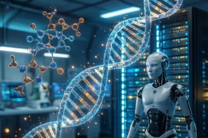 En humanoid robot står i et højteknologisk laboratorium, hvor en lysende DNA-helix og en molekylstruktur svæver i luften i nærheden, mens der står servere i baggrunden. - Kunstig intelligens AI