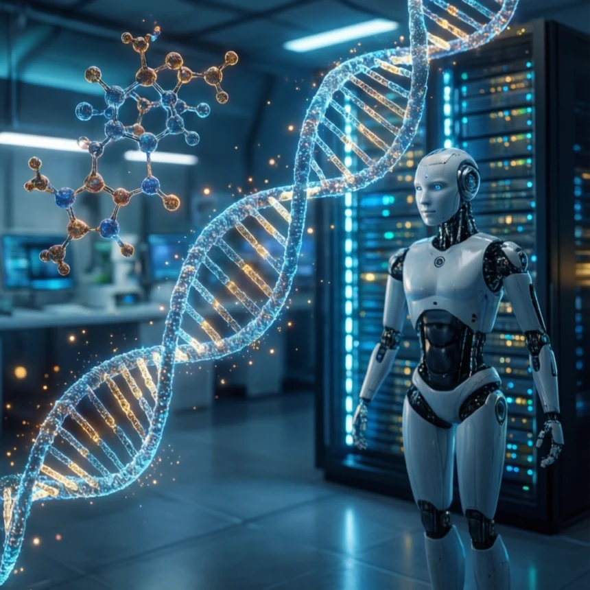 En humanoid robot står i et højteknologisk laboratorium, hvor en lysende DNA-helix og en molekylstruktur svæver i luften i nærheden, mens der står servere i baggrunden. - Kunstig intelligens AI