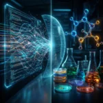 En digital grænseflade med flydende kode glider over i et laboratoriebillede med bægre, petriskåle og en molekylær model, der symboliserer sammensmeltningen af teknologi og videnskabelig forskning. - Kunstig intelligens AI